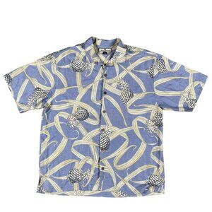 Tommy Bahama 100% Silk Pineapple Short Sleeve Blue Button Down Size Large
